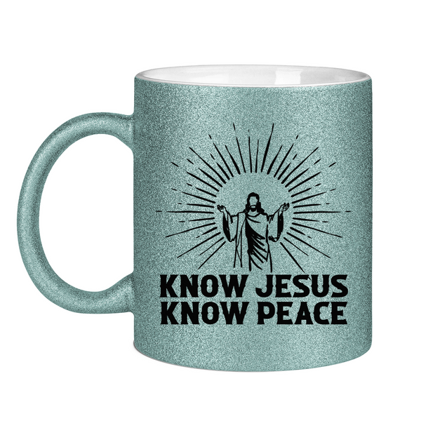 Glitzertasse know jesus know peace