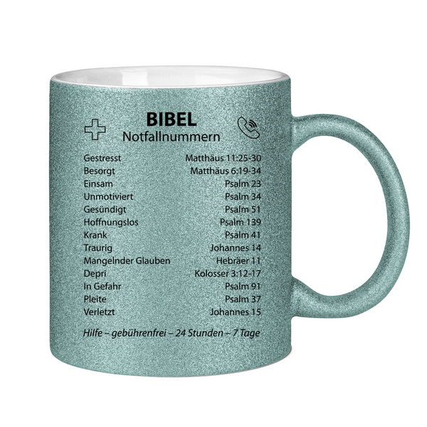 Glitzertasse bibel notfallnummern verse