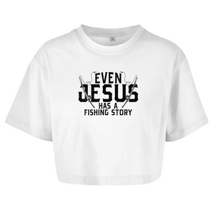 Damen Oversize Crop Topeven jesus has a fishing story angler