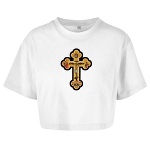 Damen Oversize Crop Top Griechisch Orthodoxe Jesus Kreuz