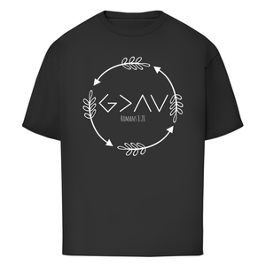 Oversize T-Shirt god greater than highs lows romans 8:28