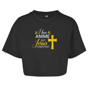 Damen Oversize Crop Top i love anime but jesus comes first