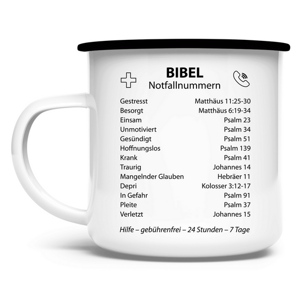 Emaille Tasse bibel notfallnummern verse