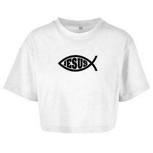 Damen Oversize Crop Top fisch symbol ICHTHYS Jesus
