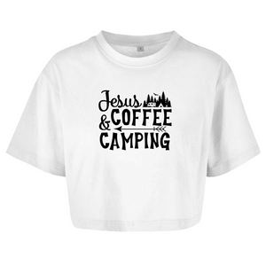 Damen Oversize Crop Top jesus coffee camping