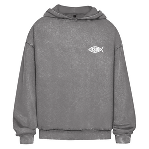 Oversize Washed Hoodie fisch symbol ICHTHYS Jesus