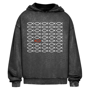 Oversize Washed Hoodie fisch symbol ICHTHYS