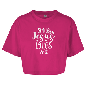 Damen Oversize Crop Top smile jesus loves you