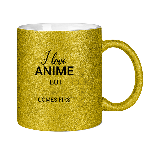 Glitzertasse i love anime but jesus comes first