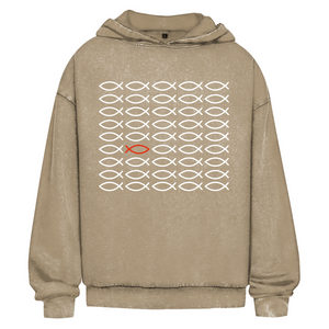 Oversize Washed Hoodie fisch symbol ICHTHYS