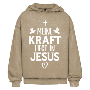 Oversize Washed Hoodie meine kraft liegt in jesus