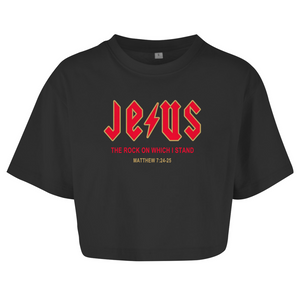 Damen Oversize Crop Top jesus the rock matthew 7:24-25