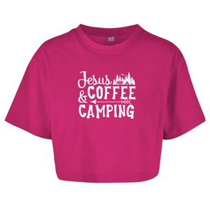 Damen Oversize Crop Top jesus coffee camping
