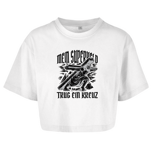 Damen Oversize Crop Top mein superheld trug ein kreuz