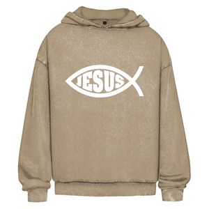 Oversize Washed Hoodie fisch symbol ICHTHYS Jesus