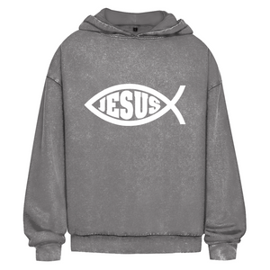 Oversize Washed Hoodie fisch symbol ICHTHYS Jesus