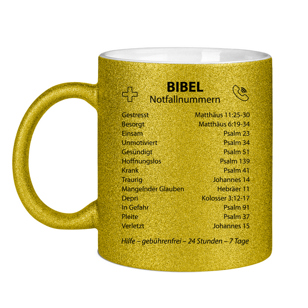 Glitzertasse bibel notfallnummern verse