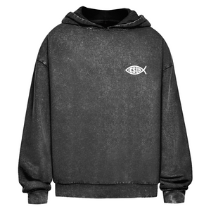 Oversize Washed Hoodie fisch symbol ICHTHYS Jesus