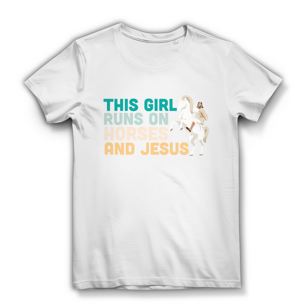 Damen Bio T-Shirt this girl runs on horses und jesus reiterin