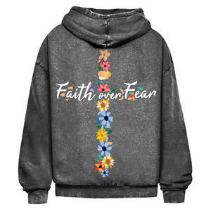 Oversize Washed Hoodie faith over fear blumen kreuz