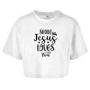 Damen Oversize Crop Top smile jesus loves you