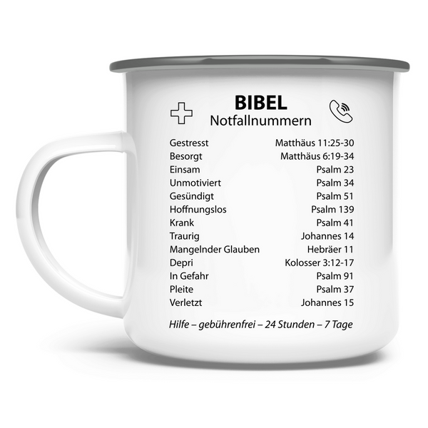 Emaille Tasse bibel notfallnummern verse