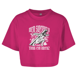 Damen Oversize Crop Top mein superheld trug ein kreuz