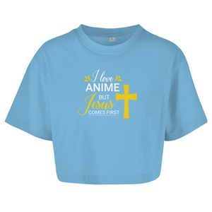 Damen Oversize Crop Top i love anime but jesus comes first