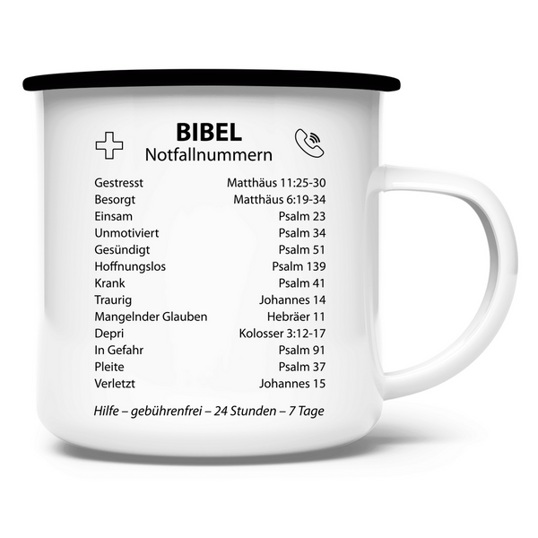 Emaille Tasse bibel notfallnummern verse