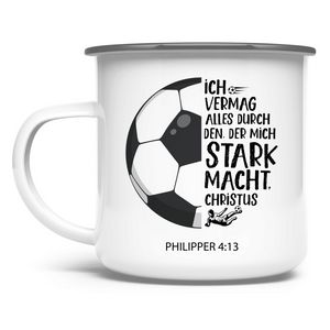 Emaille Tasse der mich stark macht philipper 4:13 fußballer