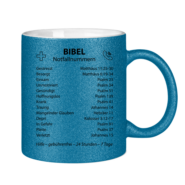 Glitzertasse bibel notfallnummern verse