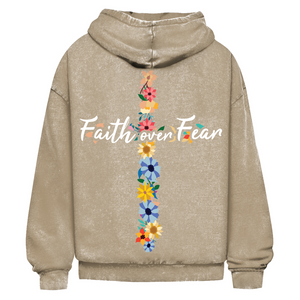Oversize Washed Hoodie faith over fear blumen kreuz