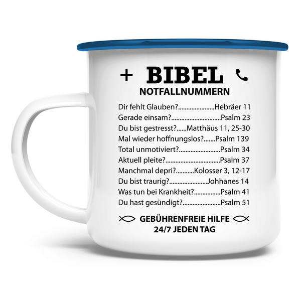 Emaille Tasse bibel notfallnummern