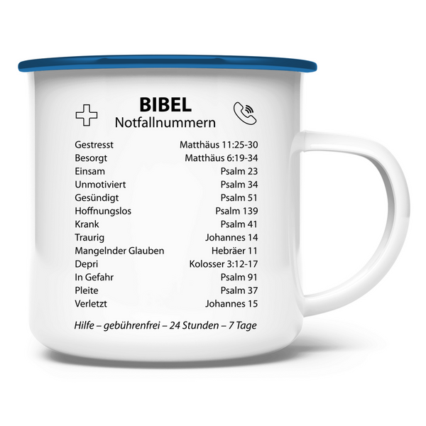 Emaille Tasse bibel notfallnummern verse