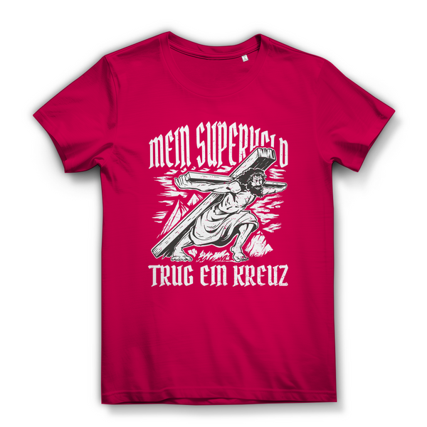 Damen Bio T-Shirt mein superheld trug ein kreuz