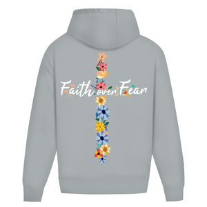 Oversize Hoodie Ohne Kordel faith over fear blumen kreuz