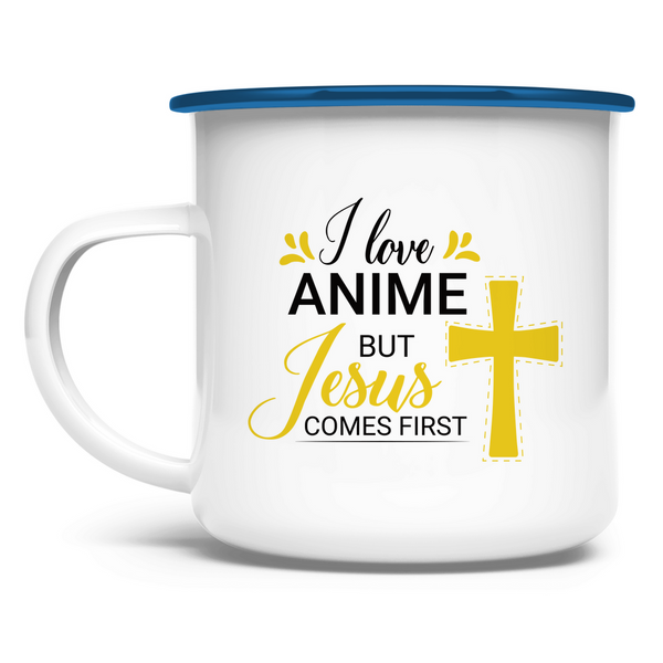 Emaille Tasse i love anime but jesus comes first