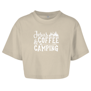 Damen Oversize Crop Top jesus coffee camping