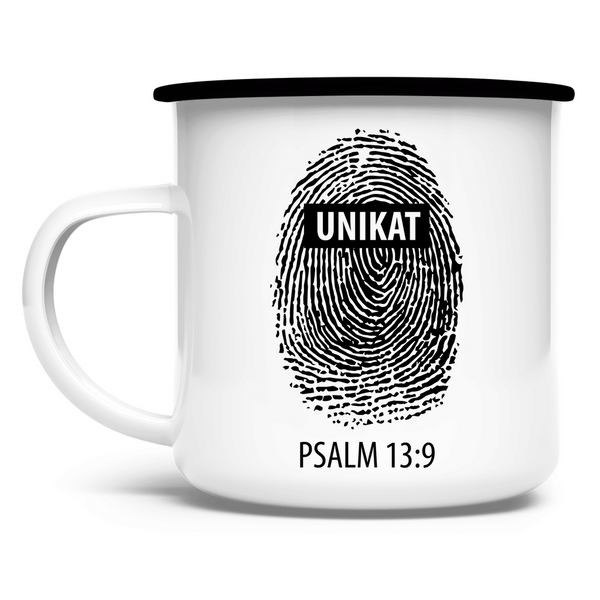 Emaille Tasse unikat fingerabdruck psalm 13:9