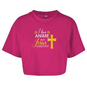 Damen Oversize Crop Top i love anime but jesus comes first