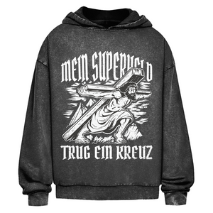 Oversize Washed Hoodie mein superheld trug ein kreuz