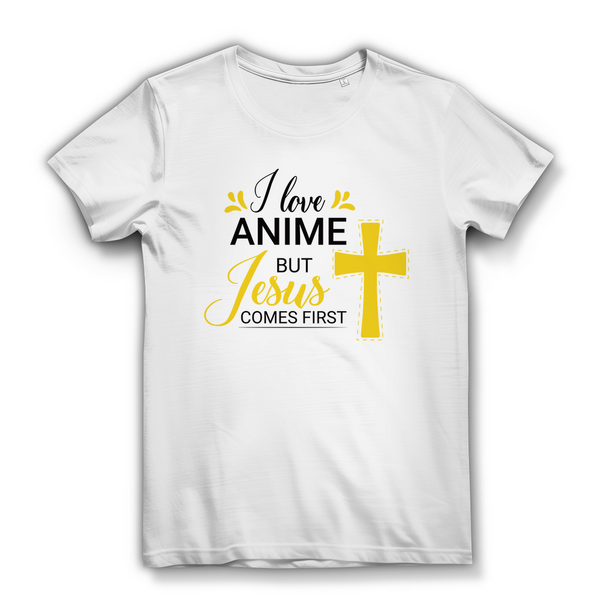 Damen Bio T-Shirt i love anime but jesus comes first