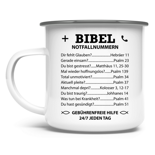 Emaille Tasse bibel notfallnummern