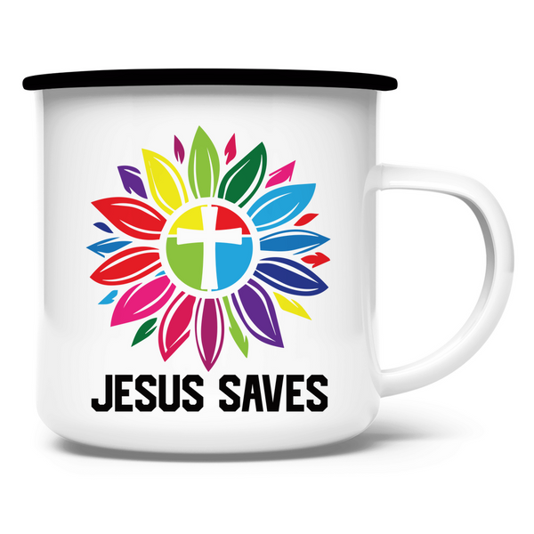 Emaille Tasse jesus saves blume