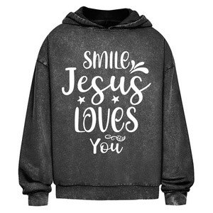 Oversize Washed Hoodie smile jesus loves you